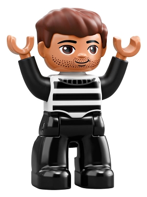 Duplo Figure Lego Ville, Male, Black Legs, Black and White Striped Top, Reddish Brown Hair &#40;Prisoner&#41;