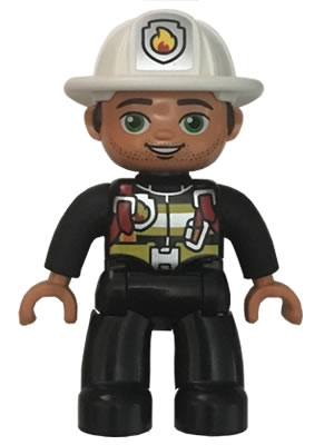 Duplo Figure Lego Ville, Male Fireman, Black Legs, Striped Jacket with Red Safety Harness, White Helmet with Silver Fire Badge, Green Eyes, Stubble