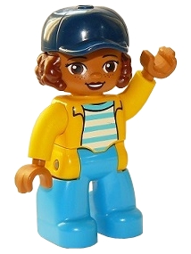 Duplo Figure Lego Ville, Female, Dark Azure Legs, White Top with Medium Azure Stripes and Yellow Jacket, Reddish Brown Hair and Dark Blue Cap