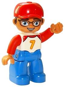 Duplo Figure Lego Ville, Male, Blue Legs, White Top with Number 7 and Red Arms, Reddish Brown Hair, Red Cap