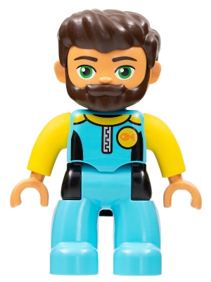 Duplo Figure Lego Ville, Male, Medium Azure Diving Suit, Yellow Arms, Reddish Brown Hair, Beard