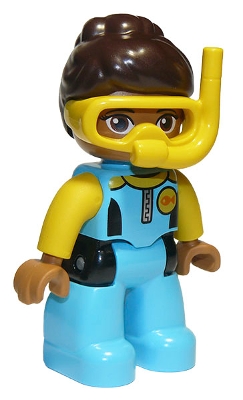Duplo Figure Lego Ville, Female, Medium Azure Diving Suit, Yellow Arms, Dark Brown Hair, Yellow Diving Mask