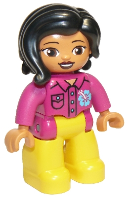 Duplo Figure Lego Ville, Female, Yellow Legs, Magenta Shirt  with Flower, Black Hair