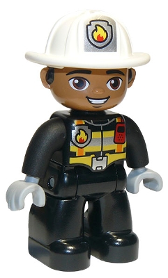 Duplo Figure Lego Ville, Male Firefighter, Black Legs, Black Jacket with Safety Harness, White Helmet with Silver Fire Badge and Radio, Brown Eyes