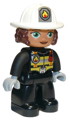 Duplo Figure Lego Ville, Female Firefighter, Black Legs, Black Jacket with Safety Harness, White Helmet with Silver Fire Badge and Radio, Green Eyes