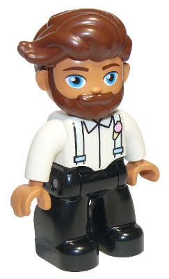 Duplo Figure Lego Ville, Male, Black Legs, White Top with Light Aqua Suspenders, Reddish Brown Hair, Beard