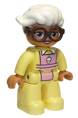 Duplo Figure Lego Ville, Female, Bright Light Yellow Suit with Bright Pink Apron, Dark Brown Glasses, White Hair