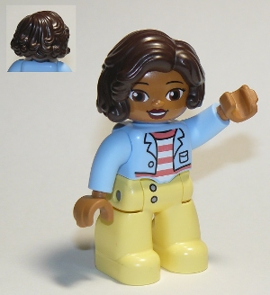 Duplo Figure Lego Ville, Female, Bright Light Yellow Legs, Bright Light Blue Top with Coral and White Stripes Shirt, Dark Brown Hair