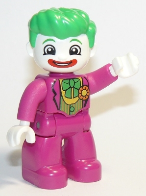 Duplo Figure Lego Ville, The Joker, Magenta Legs and Top, White Hands, White Head, Red Lips, Bright Green Hair