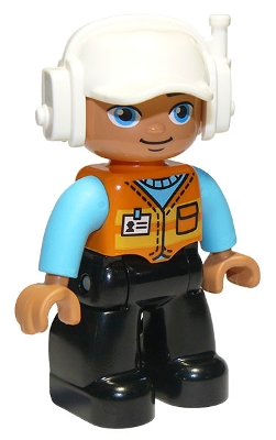 Duplo Figure Lego Ville, Male, Black Legs, Orange Vest with Badge and Pocket, Medium Azure Arms, White Cap with Headset