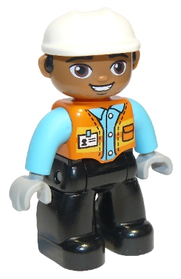 Duplo Figure Lego Ville, Male, Black Legs, Orange Vest with Badge and Pocket, Medium Azure Arms, Light Bluish Gray Hands, White Construction Helmet