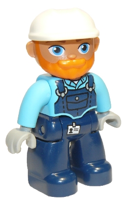 Duplo Figure Lego Ville, Male, Dark Blue Legs, Medium Azure Top with Dark Blue Overalls, White Construction Helmet, Orange Beard