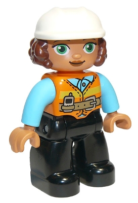 Duplo Figure Lego Ville, Female, Black Legs, Orange Vest with Belt and Telephone, Medium Azure Arms, Light Bluish Gray Hands, White Construction Helmet
