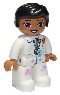 Duplo Figure Lego Ville, Female, White Suit with Zipper, ID Badge, and Paint Splotches, Black Knot Bun Hair