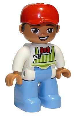 Duplo Figure Lego Ville, Male, Medium Blue Legs, Lime Striped Apron, Red Bow Tie, Dark Brown Hair, Red Cap