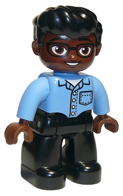 Duplo Figure Lego Ville, Male, Black Legs, Medium Blue Shirt with Pocket, Reddish Brown Head, Glasses, Black Hair Swept Forward, Oval Eyes