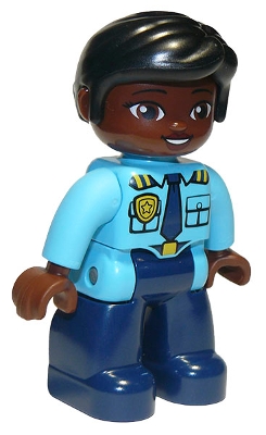 Duplo Figure Lego Ville, Female Police, Dark Blue Legs, Medium Azure Top with Badge and Epaulettes, Black Hair