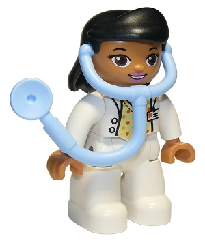 Duplo Figure Lego Ville, Female, Medic, White Legs, White Top with ID Badge, White Arms, Black Hair, Attached Stethoscope