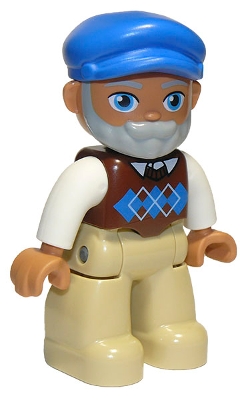 Duplo Figure Lego Ville, Male, Tan Legs, Reddish Brown Argyle Sweater Vest, White Arms, Light Bluish Gray Beard, Blue Cap