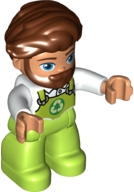 Duplo Figure Lego Ville, Male, Lime Legs with Overalls and Recycling Logo, Reddish Brown Hair and Beard