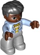 Duplo Figure Lego Ville, Male, Light Bluish Gray Legs, White and Yellow Top with Bright Light Blue Jacket, Black Hair