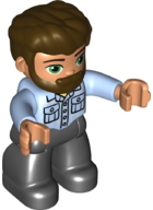 Duplo Figure Lego Ville, Male, Black Legs, Bright Light Blue Shirt with Pockets, Dark Brown Hair and Beard