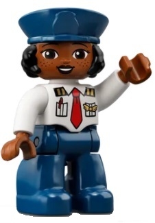 Duplo Figure Lego Ville, Female Pilot, Dark Blue Legs, White Top with Red Tie, Dark Blue Hat with Black Hair