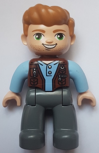 Duplo Figure Lego Ville, Male, Dark Bluish Gray Legs, Reddish Brown Vest, Dark Tan Hair