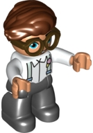 Duplo Figure Lego Ville, Male, Black Legs, White Top with Light Aqua Suspenders, Dark Brown Glasses, Reddish Brown Hair