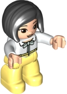 Duplo Figure Lego Ville, Female, Bright Light Yellow Legs, White Top with Light Aqua Bow, Black Hair