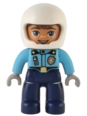 Duplo Figure Lego Ville, Male Police, Dark Blue Legs, Medium Azure Top with Badge and Zipper, White Helmet