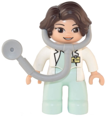 Duplo Figure Lego Ville, Female Medic, Light Aqua Legs, White Top with ID Badge, White Arms, Dark Brown Hair, Attached Stethoscope