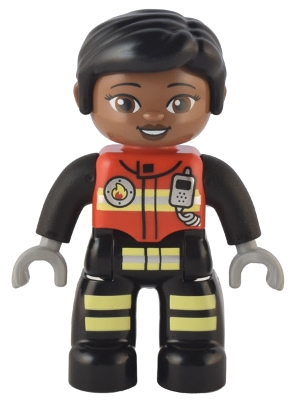 Duplo Figure Lego Ville, Female Firefighter, Black Legs with Reflective Stripes, Red Vest with Silver Fire Badge and Radio, Black Hair, Brown Eyes