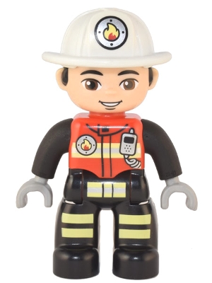 Duplo Figure Lego Ville, Male Firefighter, Black Legs with Reflective Stripes, Red Vest with Silver Fire Badge and Radio, Light Nougat Face, White Helmet with Fire Badge