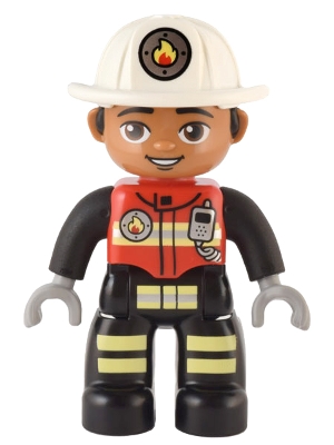 Duplo Figure Lego Ville, Male Firefighter, Black Legs with Reflective Stripes, Red Vest with Silver Fire Badge and Radio, Medium Nougat Face, White Helmet with Fire Badge