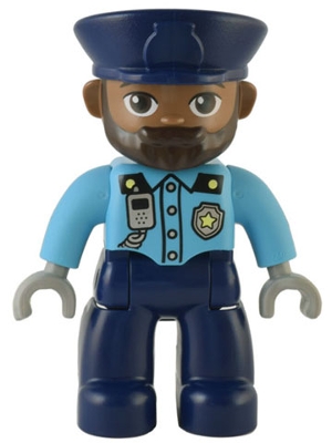 Duplo Figure Lego Ville, Male Police, Dark Blue Legs, Medium Azure Top with Silver Badge and Radio, Dark Blue Hat