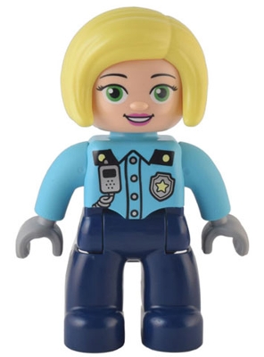 Duplo Figure Lego Ville, Female Police, Dark Blue Legs, Medium Azure Top with Silver Badge and Radio, Bright Light Yellow Hair