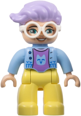 Duplo Figure Lego Ville, Female, Bright Light Yellow Legs, Bright Light Blue Jacket, Medium Lavender Cat Shirt, White Glasses, Lavender Hair &#40;6444490&#41;