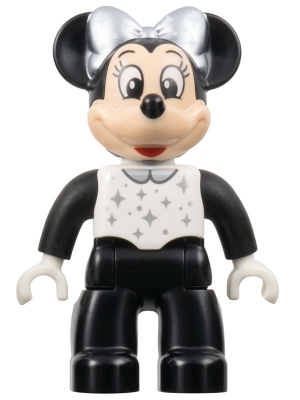 Duplo Figure Lego Ville, Minnie Mouse, Black Legs and Sleeves, White Top, and Silver Collar, Sparkles, Dots, and Bow &#40;6438760&#41;