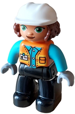 Duplo Figure Lego Ville, Female, Black Legs, Orange Vest with Badge and Pocket, Medium Azure Arms, Light Bluish Gray Hands, White Construction Helmet &#40;6427943&#41;