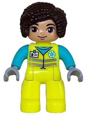 Duplo Figure Lego Ville, Female Garbage Worker, Neon Yellow Uniform, Medium Azure Shirt, White Name Badge and Recycle Logo, Dark Brown Hair &#40;6446215&#41;