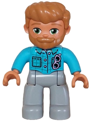 Duplo Figure Lego Ville, Male, Light Bluish Gray Legs, Medium Azure Jacket with Bright Pink Buttons and Glasses, Medium Nougat Hair and Beard &#40;6465885&#41;