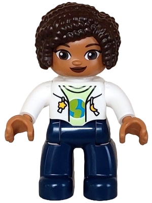 Duplo Figure Lego Ville, Female, Dark Blue Legs, White Vest with Star and Moon Fasteners, Yellowish Green Shirt, Dark Brown Hair &#40;6442943&#41;