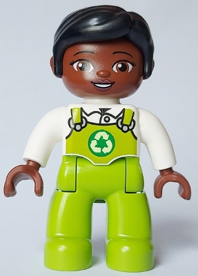 Duplo Figure Lego Ville, Female, Lime Legs with Overalls and Recycling Logo, Black Hair &#40;6464666&#41;