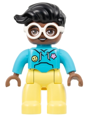 Duplo Figure Lego Ville, Female, Bright Light Yellow Legs, Medium Azure Hoodie Shirt, White Glasses, Black Hair &#40;6446173&#41;
