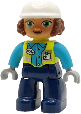 Duplo Figure Lego Ville, Female, Dark Blue Legs, Neon Yellow Vest with Name Tag and Train Logo, Medium Azure Shirt, Light Bluish Gray Hands, White Construction Helmet  (6489390)