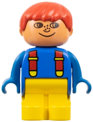 Duplo Figure, Child Type 1 Boy, Yellow Legs, Blue Top with Red Suspenders, Red Hair, Freckles, no White in Eyes Pattern