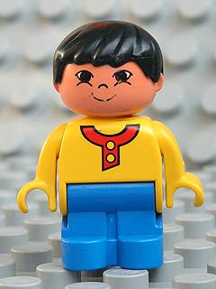 Duplo Figure, Child Type 1 Boy, Blue Legs, Yellow Top with 2 Buttons, Black Hair, Asian Eyes