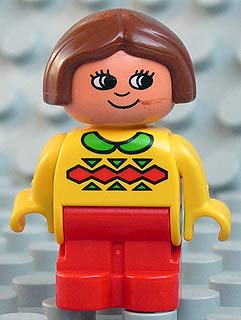 Duplo Figure, Child Type 1 Girl, Red Legs, Yellow Top with Green Collar, Brown Hair