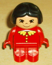 Duplo Figure, Child Type 1 Girl, Red Legs, Red Top with Lace Collar & Buttons, Black Hair, Asian Eyes